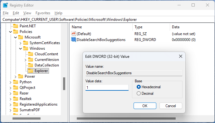 Setting the DisableSearchBoxSuggestions value to 1.