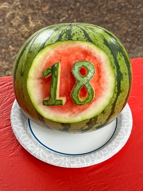 1. Currants in the sunlight. 2. watermelon with 18 carved into it. 3. vegan custard "concrete. 4. a mineral-green lake. 5. The California Dreamers book at the river. 6. Laura in front of neon lights at Hopscotch. 7. Laura and Janet Clare at Bold. 8. A flower on our pineapple guava bush. 9. Visiting with a brown alpaca. 