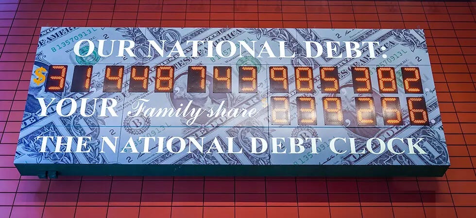The National Debt Clock displaying the current U. S. national debt and family share figures The National Debt Clock displaying the current U. S. national debt and family share figures