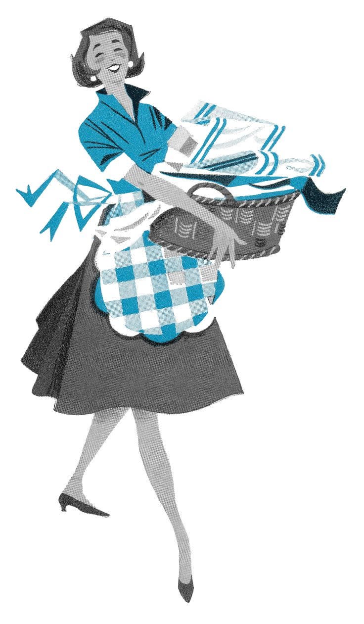 This may contain: an illustration of a woman carrying clothes in a basket This may contain: an illustration of a woman carrying clothes in a basket