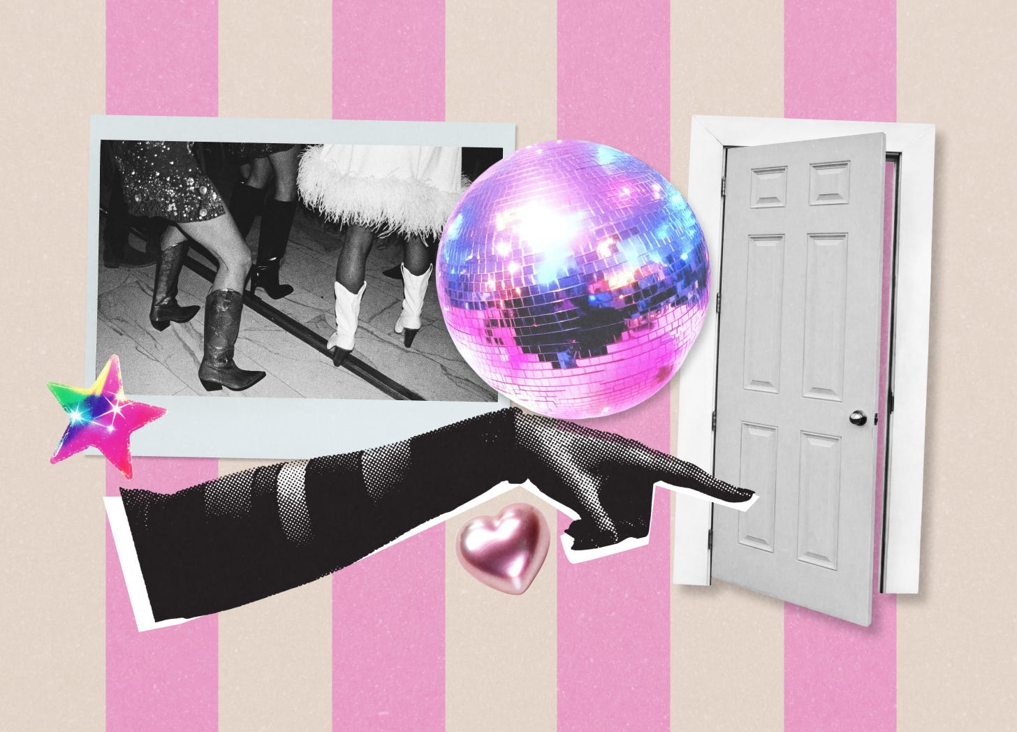 A collage against a pink and cream striped background. The collage features a hand pointing toward a door, some heart and star cutouts, a disco ball, and a polaroid of people line dancing