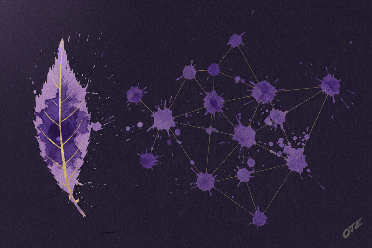 A single leaf beside a constellation of connected nodes — tool as leaf versus tool as node in a graph