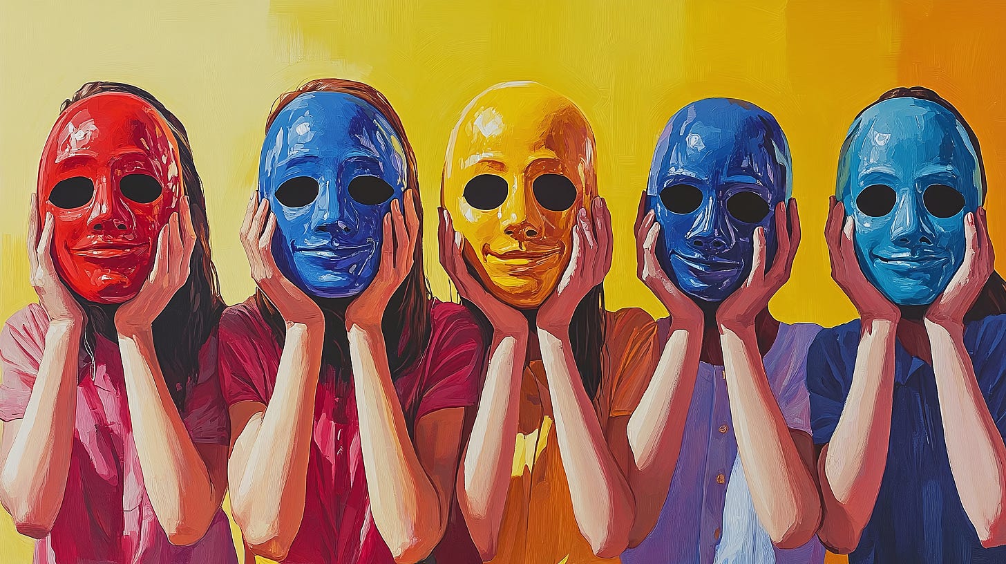 5 people with different colored masks on standing next to each other