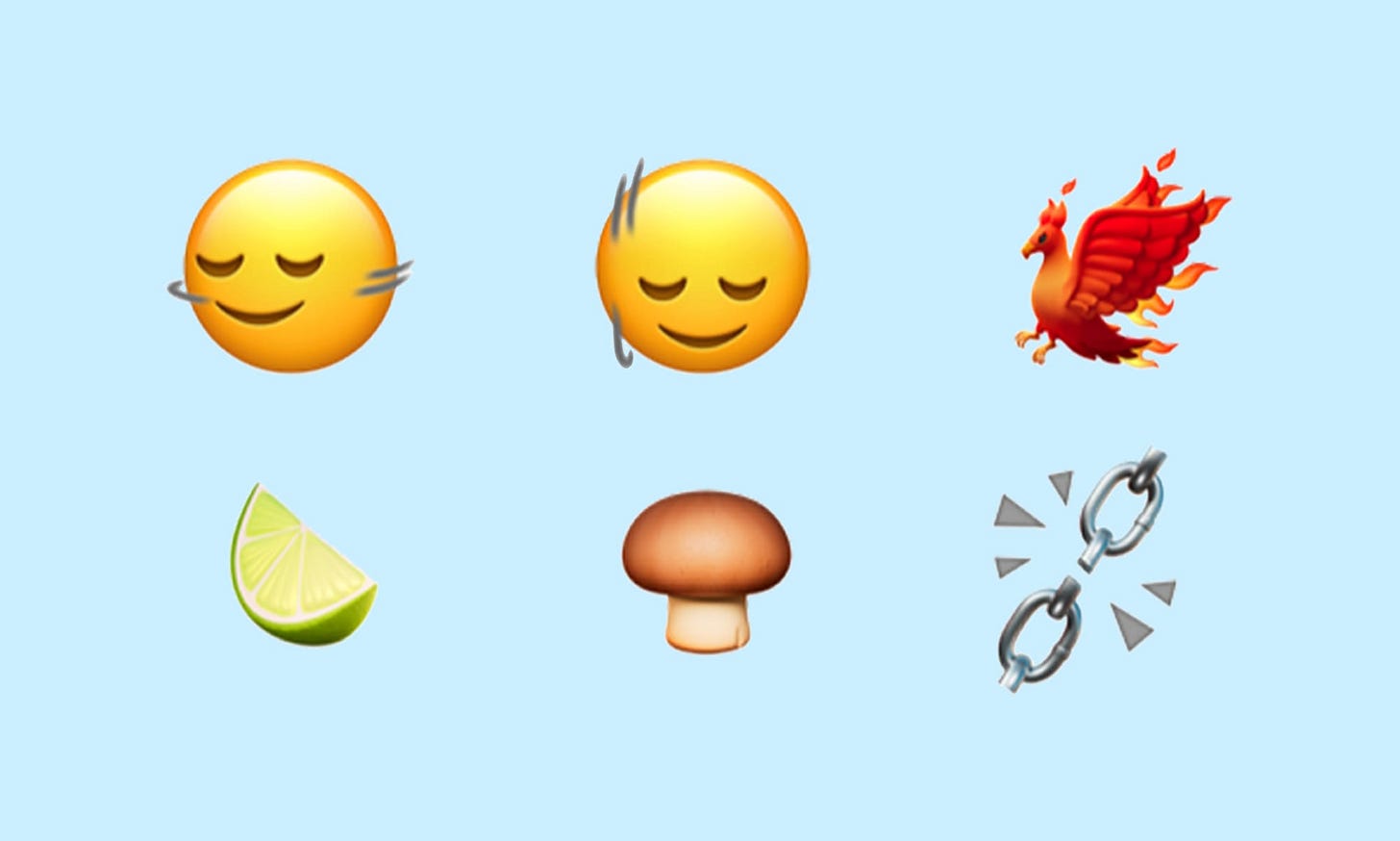 Image description: pale blue background with six new emojis: a shaking head, a nodding head, a phoenix, a lime, a brown mushroom, and a broken chain. Image description: pale blue background with six new emojis: a shaking head, a nodding head, a phoenix, a lime, a brown mushroom, and a broken chain.
