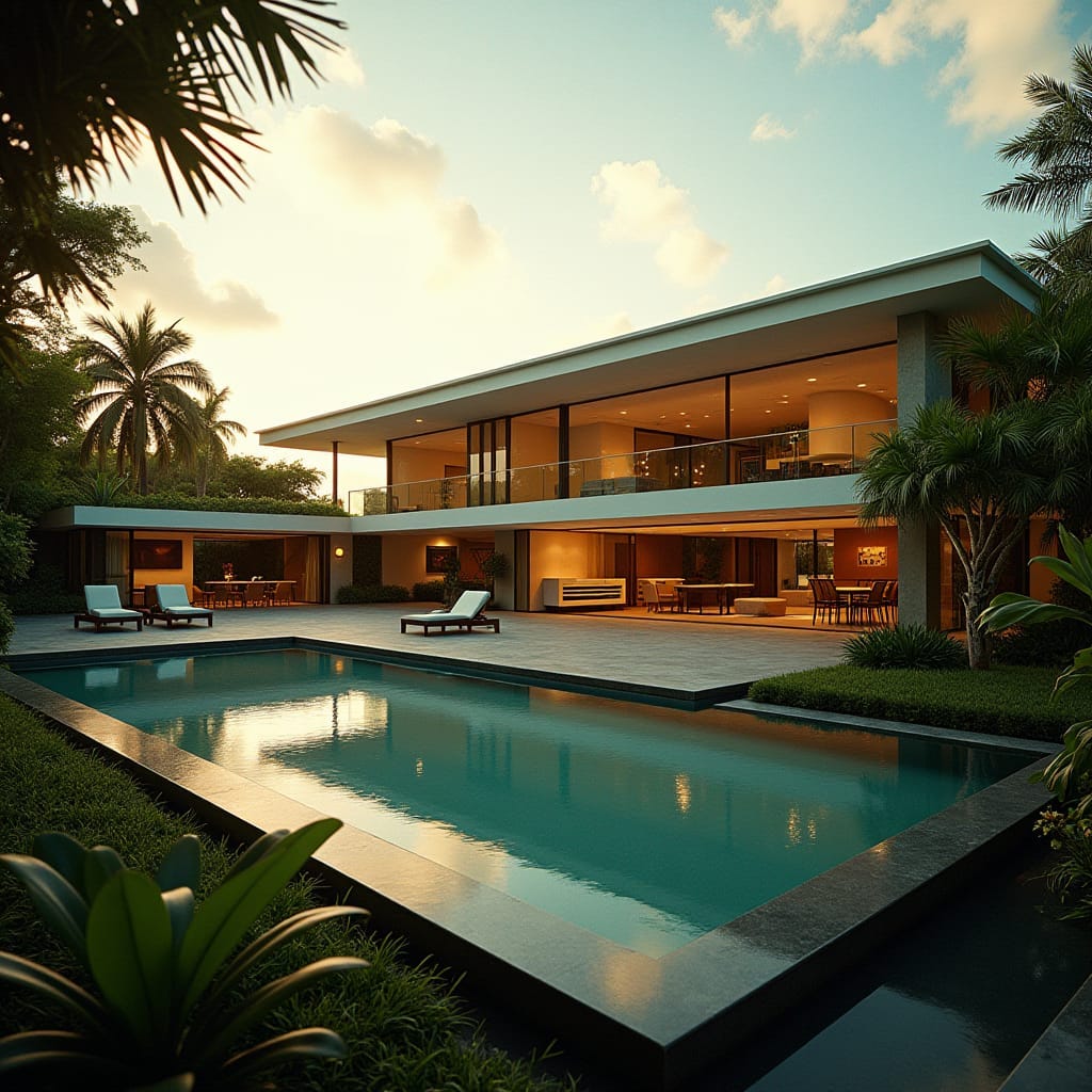Majestic modern Jamaican estate with a striking Salbox Roof, bathed in warm, golden light, surrounded by lush tropical foliag