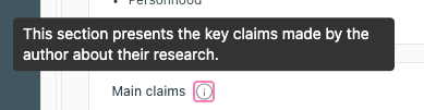 Tooltip explaining that the Main claims section presents the key claims made by the author about the research. Tooltip explaining that the Main claims section presents the key claims made by the author about the research.