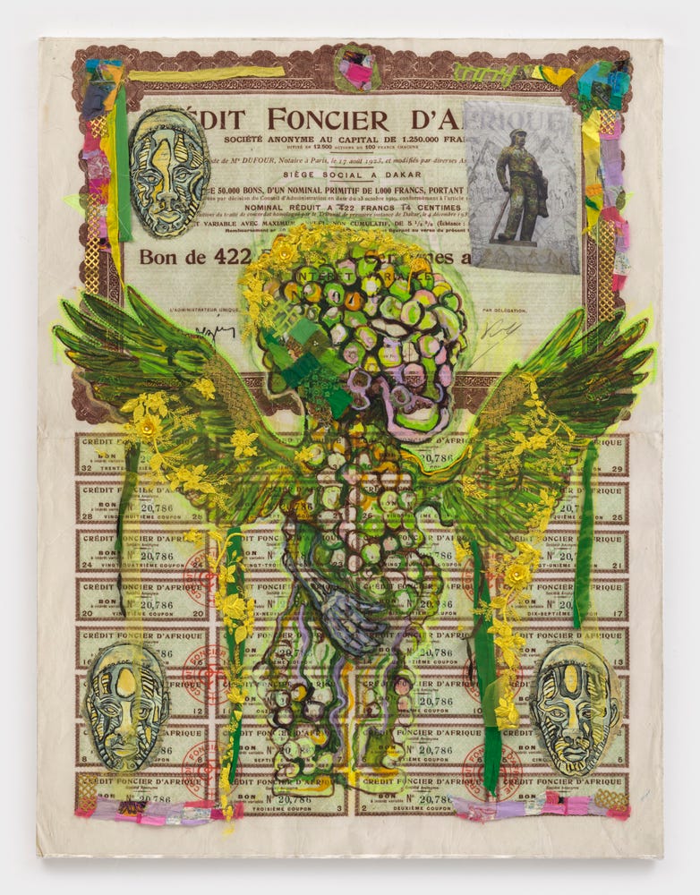 A mixed-media work on paper layered over a historic financial document, with a brightly colored winged figure painted in green, yellow, pink, and black.