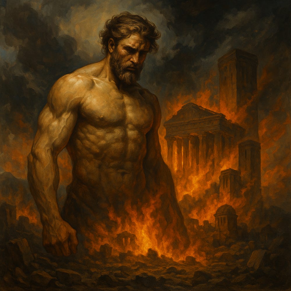 A muscular, bearded man with a stern, intense expression stands amidst flames and ruins. His bare, sculpted torso dominates the foreground, emerging from a fiery ground strewn with rubble. In the background, classical Greco-Roman style buildings burn fiercely, engulfed in dark smoke and orange fire, creating an apocalyptic atmosphere.