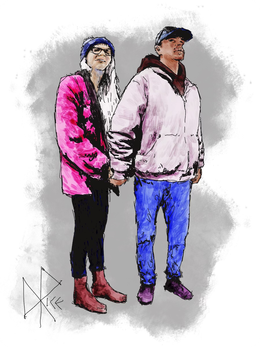 Holding hands as they look out into the distance, a man and woman stand in casual outerwear. Sketch art by Don Rice. Holding hands as they look out into the distance, a man and woman stand in casual outerwear. Sketch art by Don Rice.