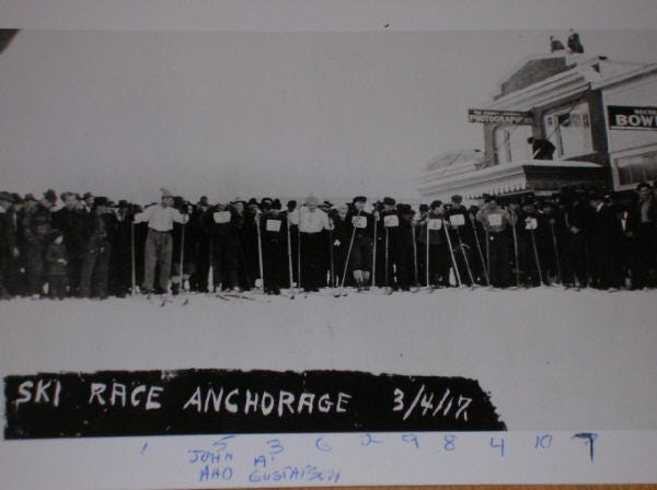 First cross-country ski race on 4th Avenue in 1917 Anchorage, Alaska. First cross-country ski race on 4th Avenue in 1917 Anchorage, Alaska.