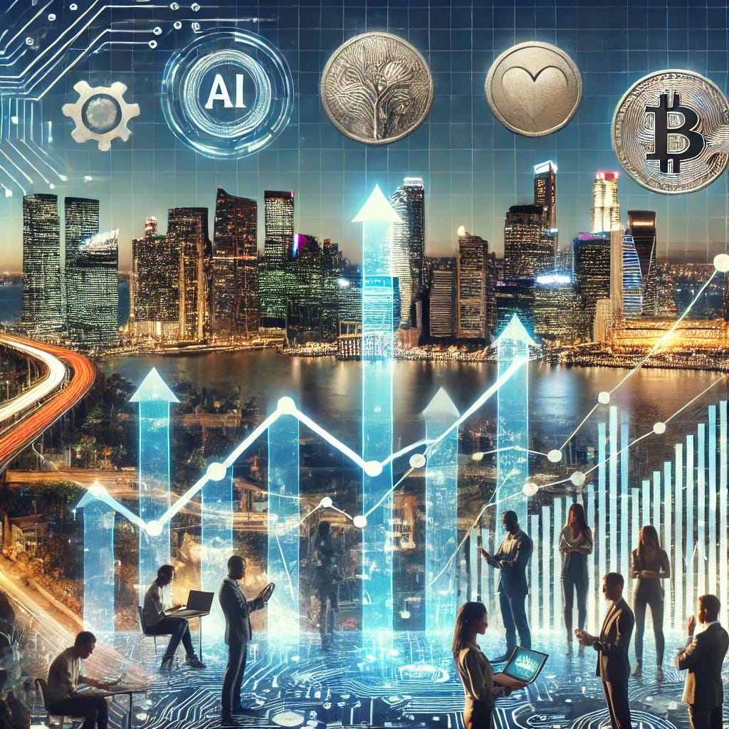 A modern financial concept illustration representing growth equity. The image features a futuristic city skyline with towering skyscrapers symbolizing high-growth companies. In the foreground, a digital chart with upward-trending graphs, coins, and investment symbols represents financial growth. A diverse group of investors and entrepreneurs collaborate, discussing strategies with holographic displays showcasing AI, healthcare, and renewable energy sectors. The overall theme is innovation, investment, and financial success.