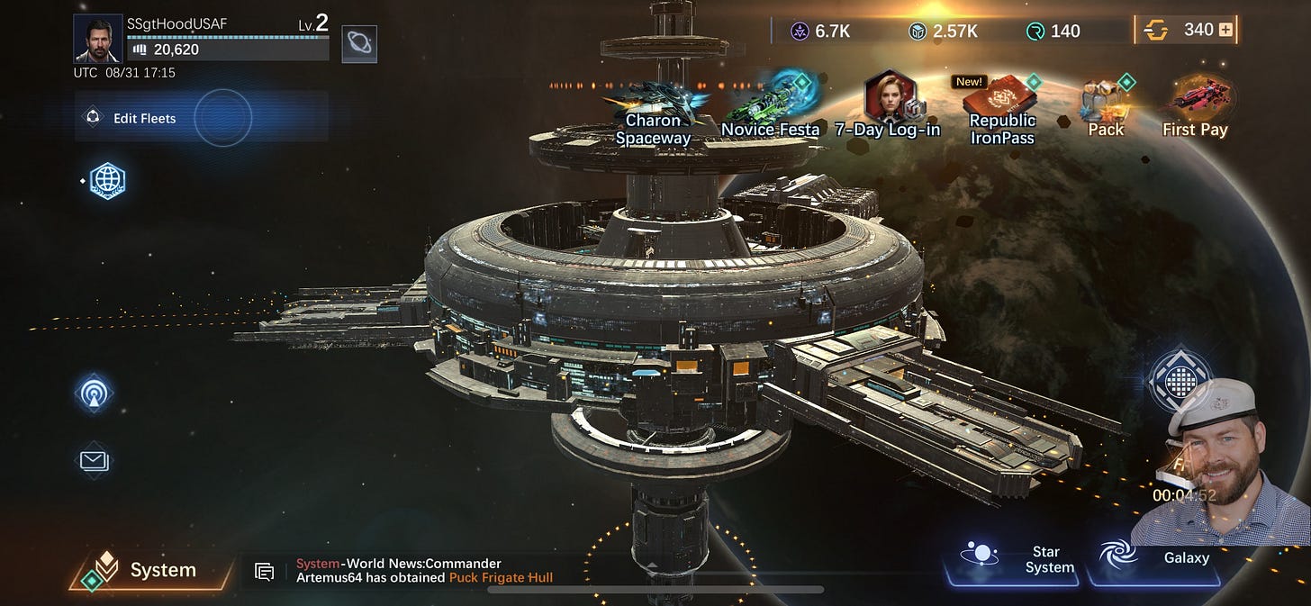 A sci‑fi space strategy game home screen showing a large circular space station in orbit with a planet in the background. The interface displays the player “SSgtHoodUSAF” (Lv.2) with a portrait and power 20,620, a button to “Edit Fleets,” and top resource counters. Menu icons include “Charon Spaceway,” “Novice Festa,” “7‑Day Log‑in,” “Republic IronPass,” “Pack,” and “First Pay,” with navigation buttons for “System,” “Star System,” and “Galaxy,” plus chat text along the bottom. A sci‑fi space strategy game home screen showing a large circular space station in orbit with a planet in the background. The interface displays the player “SSgtHoodUSAF” (Lv.2) with a portrait and power 20,620, a button to “Edit Fleets,” and top resource counters. Menu icons include “Charon Spaceway,” “Novice Festa,” “7‑Day Log‑in,” “Republic IronPass,” “Pack,” and “First Pay,” with navigation buttons for “System,” “Star System,” and “Galaxy,” plus chat text along the bottom.