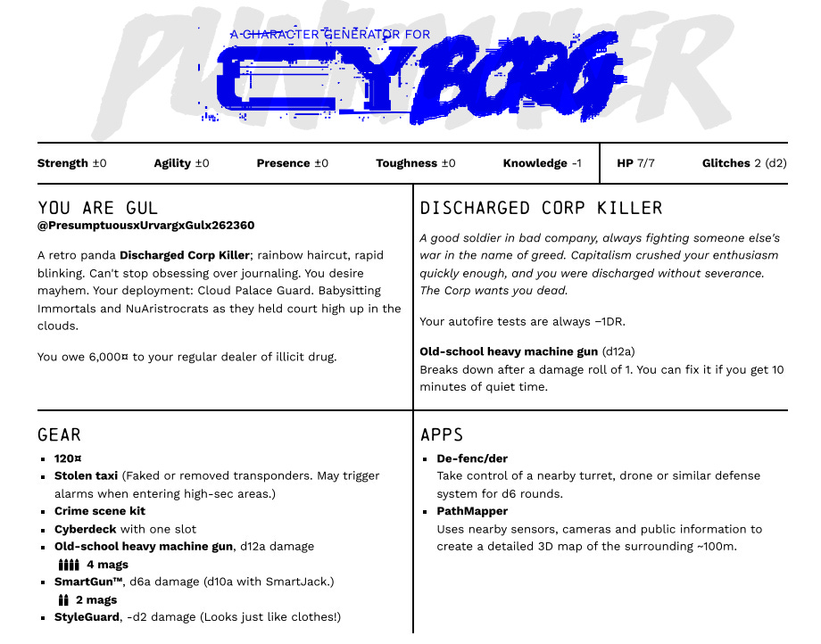 Character sheet for Gul