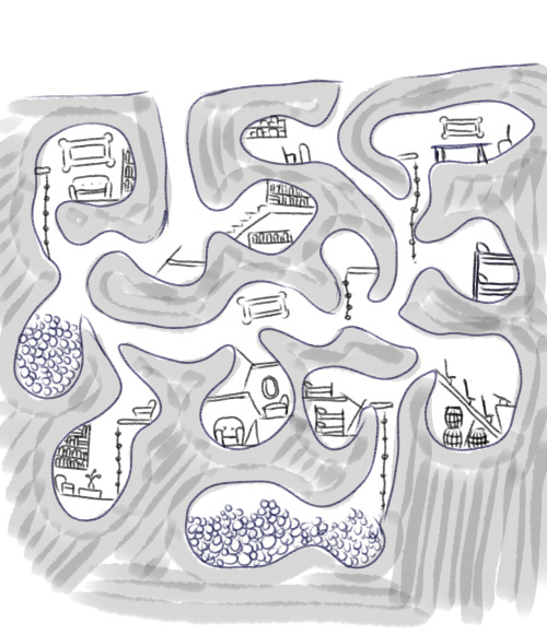 the same drawing, but now every empty chamber has some kind of furniture in it: some have bookshelves, some have tables, some have beds, some have couches, one has a lectern...