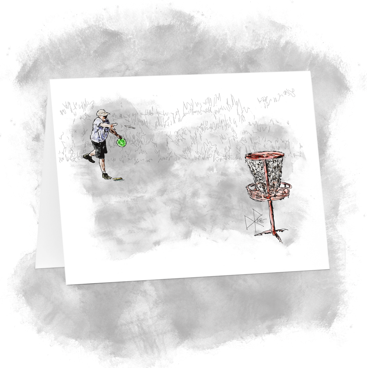 A man in shorts and t-shirt playing Disc Golf, throwing the frisbee at the target basket. Sketch art by Don Rice. A man in shorts and t-shirt playing Disc Golf, throwing the frisbee at the target basket. Sketch art by Don Rice.