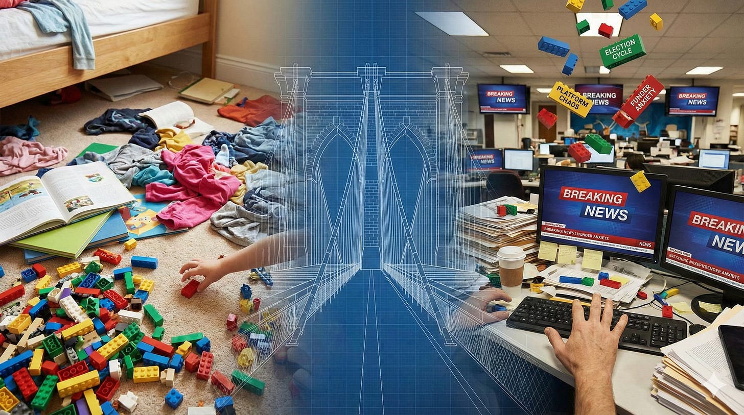 A split-screen illustration contrasting a domestic mess with a professional one. On the left, a child’s bedroom floor is covered in scattered clothes, open books, and colorful Lego bricks. On the right, a chaotic newsroom desk features computer screens flashing "BREAKING NEWS," piles of paperwork, and coffee cups. In the newsroom, metaphoric Lego bricks are falling from the ceiling labeled with stressors like "Election Cycle," "Funder Anxiety," and "Platform Chaos." A faint, architectural blueprint of a bridge connects the two scenes, symbolizing the structure needed to navigate the chaos. A split-screen illustration contrasting a domestic mess with a professional one. On the left, a child’s bedroom floor is covered in scattered clothes, open books, and colorful Lego bricks. On the right, a chaotic newsroom desk features computer screens flashing "BREAKING NEWS," piles of paperwork, and coffee cups. In the newsroom, metaphoric Lego bricks are falling from the ceiling labeled with stressors like "Election Cycle," "Funder Anxiety," and "Platform Chaos." A faint, architectural blueprint of a bridge connects the two scenes, symbolizing the structure needed to navigate the chaos.