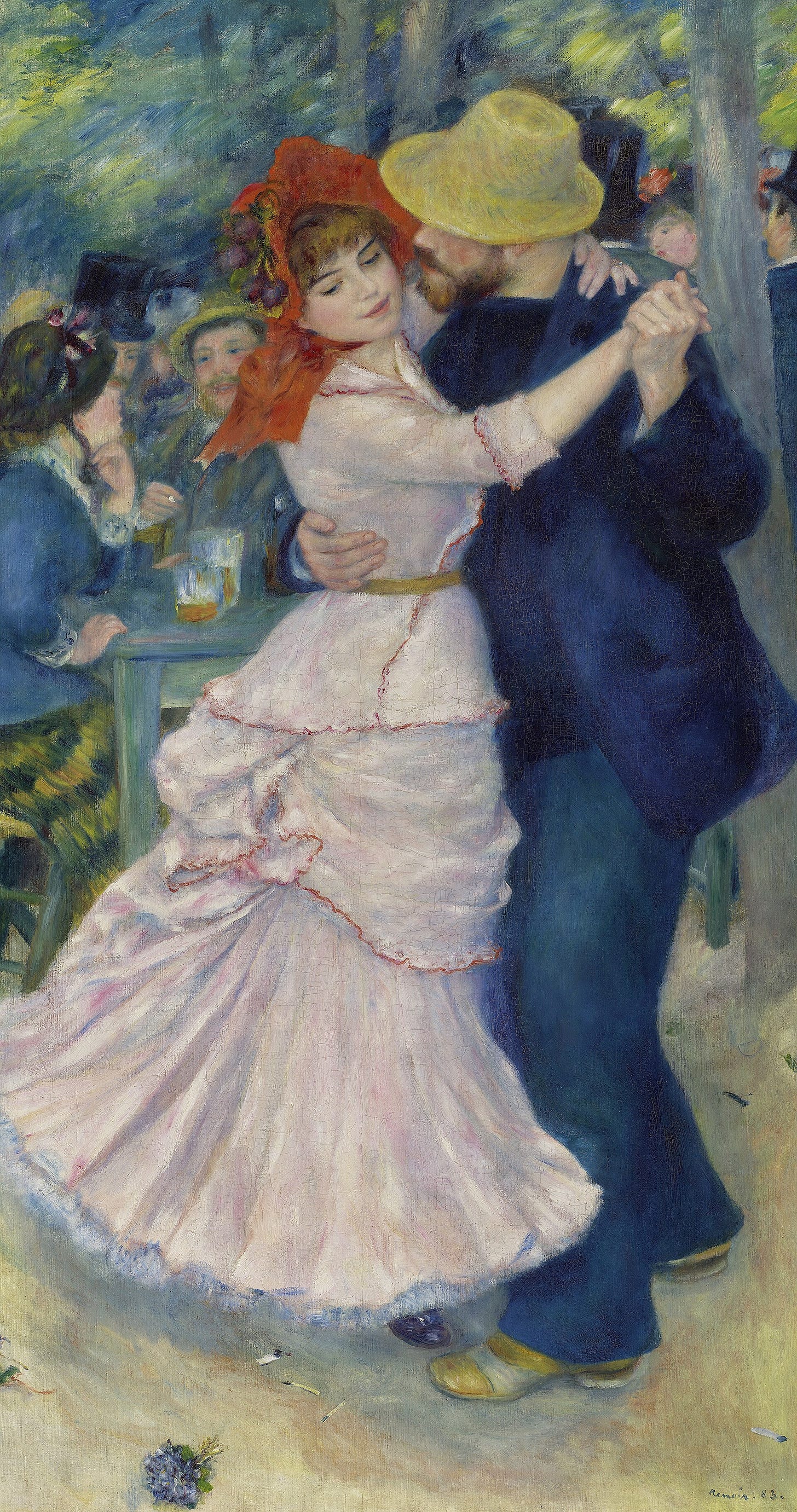 A man in a straw hat and a young woman in a pink dress and red bonnet dance close together outside a café, with guests seated under trees behind them. A man in a straw hat and a young woman in a pink dress and red bonnet dance close together outside a café, with guests seated under trees behind them.