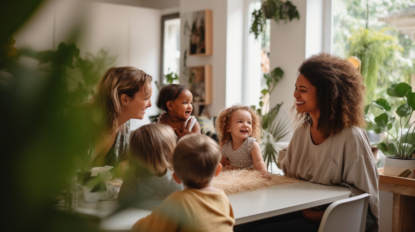 A group of happy mothers with young children of different diverse backgrounds in the living area of a beautiful transitional home