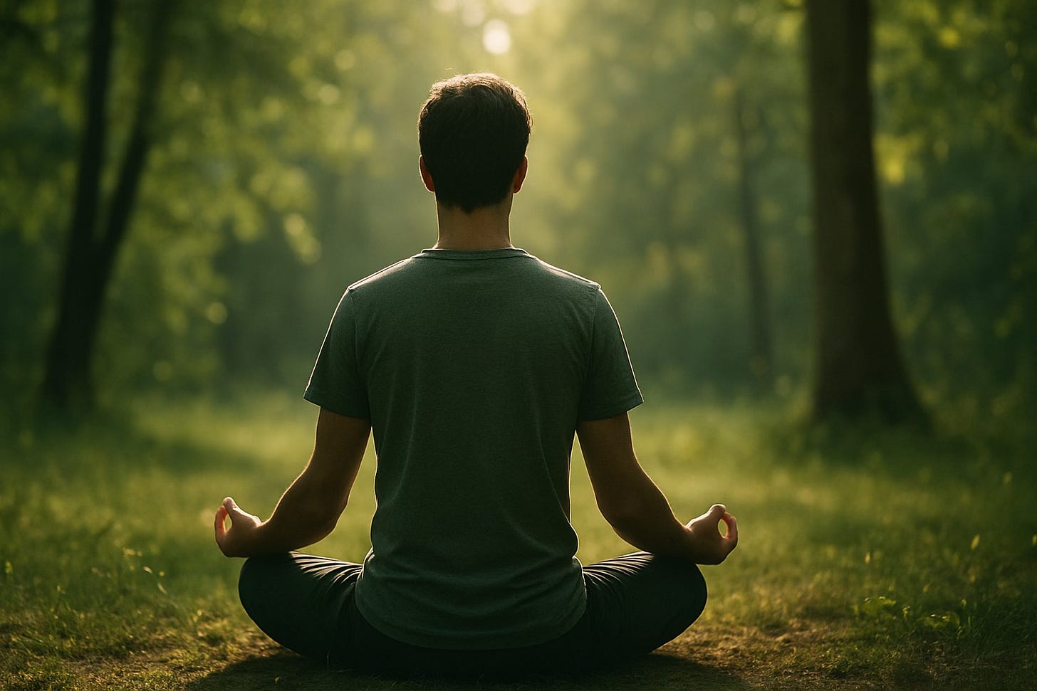 Person sitting peacefully in meditation pose outdoors in nature with soft dappled sunlight through trees