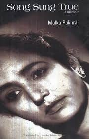 The cover of Song Sung True featuring a picture of Malka Pukhraj as a young woman, with just her face visible. Her hair is tied back and she is wearing a nose stud and earrings.