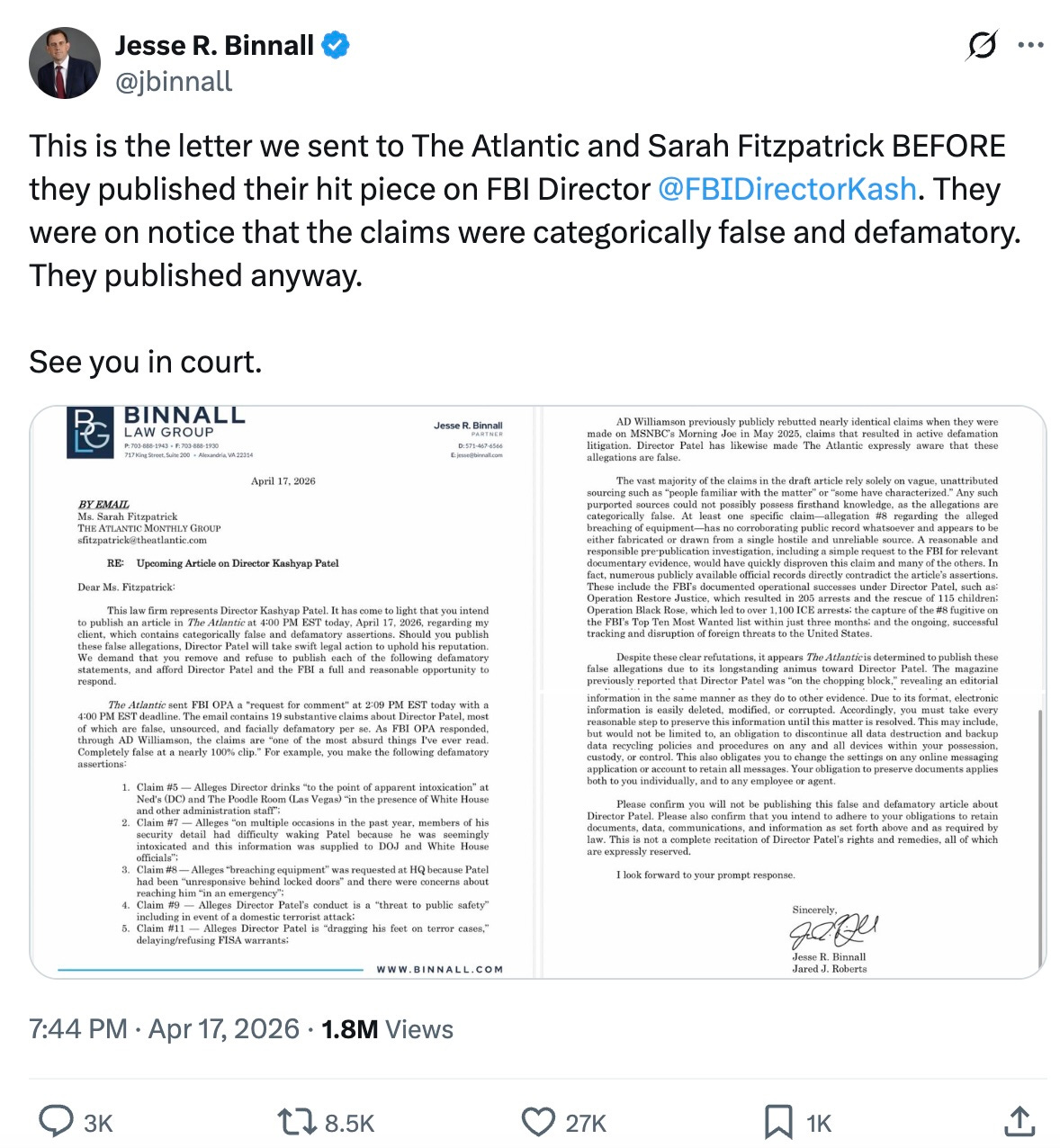 This is the letter we sent to The Atlantic and Sarah Fitzpatrick BEFORE they published their hit piece on FBI Director @FBIDirectorKash. They were on notice that the claims were categorically false and defamatory. They published anyway.  SEE YOU IN COURT! 
