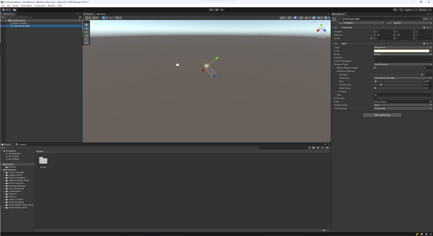 An empty Unity project, starting with a scene (level) comprising only a light and a camera