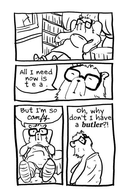 comic about a bear coming out of the shower ready to relax when he discovers he has no tea.