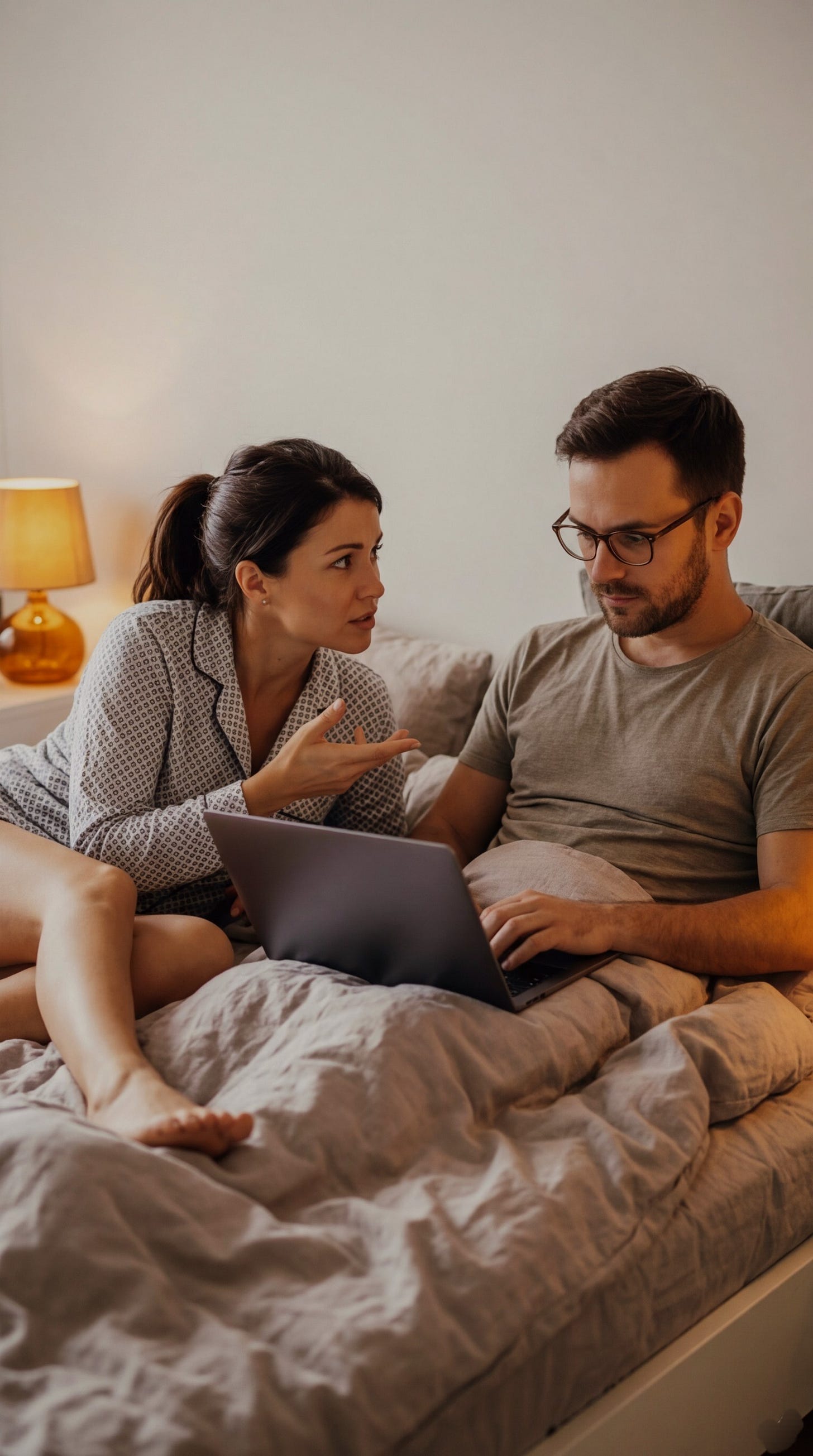 A and a woman both propped up on their bed. She on her side facing him while talking to him. one of her legs on him, while he's busy on his computer.