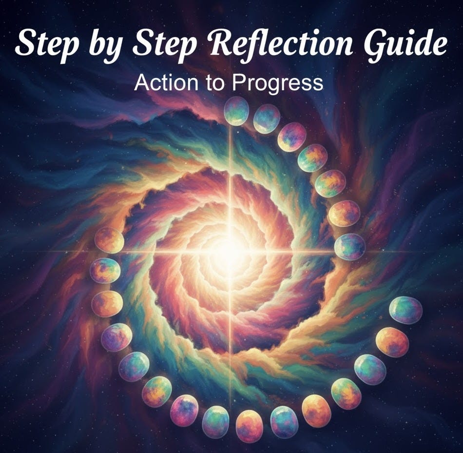 Step by Step Reflection Guide: Actin to Progress. A colorful, cosmic spiral of stepping stones leading inward to a bright light at the center.