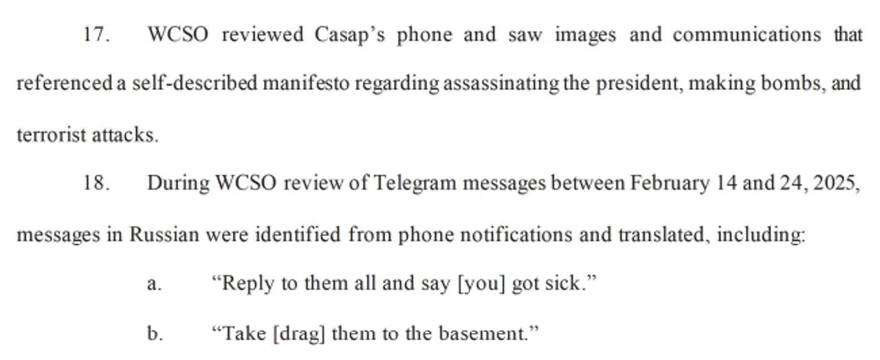 An FBI affidavit from March 18, 2025, lays out what the Waukesha County Sheriff's Office found on Nikita Casap's devices. (Image courtesy of the Department of Justice)