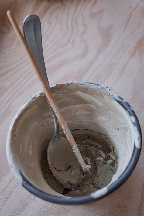 Five images of clay in varying states, ready to use, dried up slip in a pot, on a slab being recycled and curls of leather hard clay from a turned saucer