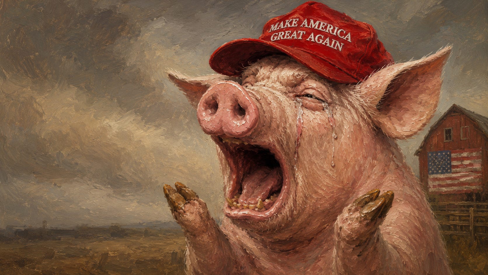 Satirical illustration of a squealing pig in a red MAGA hat, crying with its mouth wide open against a moody rural backdrop.