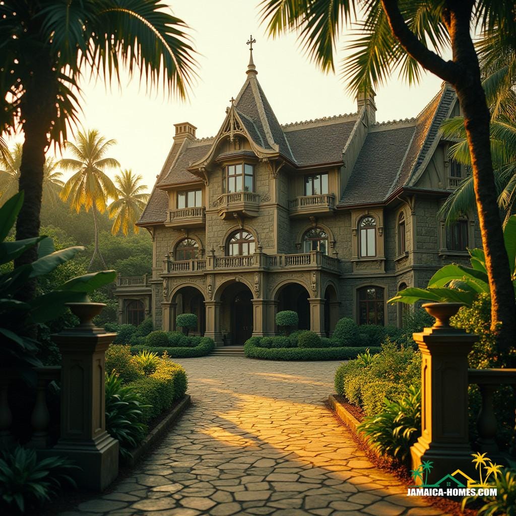 A majestic Tudor-style estate in Jamaica, Caribbean, bathed in warm, golden light, as if shot on 35mm film with a V-Raptor XL camera, with noticeable film grain and a subtle vignette, evoking a sense of nostalgia and grandeur. Inspired by the cinematic styles of Roger Deakins, Emmanuel Lubezki, and Christopher Doyle, the image exudes a dramatic, atmospheric quality, with rich, vibrant colors and deep shadows, as if color graded to perfection. The architectural details of the Tudor estate are meticulously rendered, with intricate stone carvings, ornate wooden accents, and lush, tropical surroundings, all blending together to create a breathtaking, epic scene, reminiscent of a masterpiece from a Hollywood blockbuster.