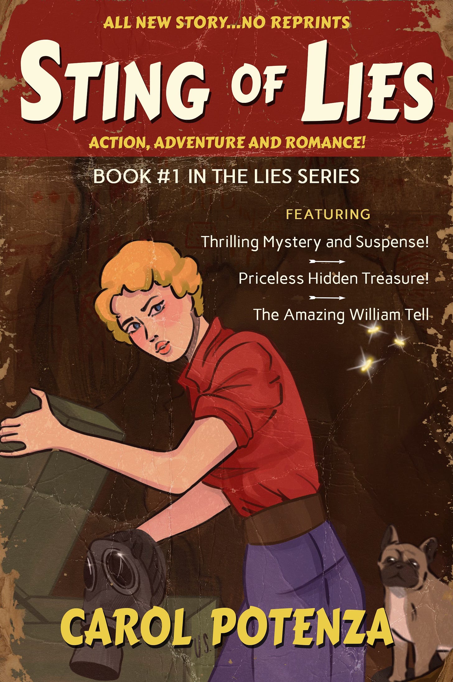 cover of the mystery Sting of Lies with a cartoonish image of a woman and dog in a cave cover of the mystery Sting of Lies with a cartoonish image of a woman and dog in a cave