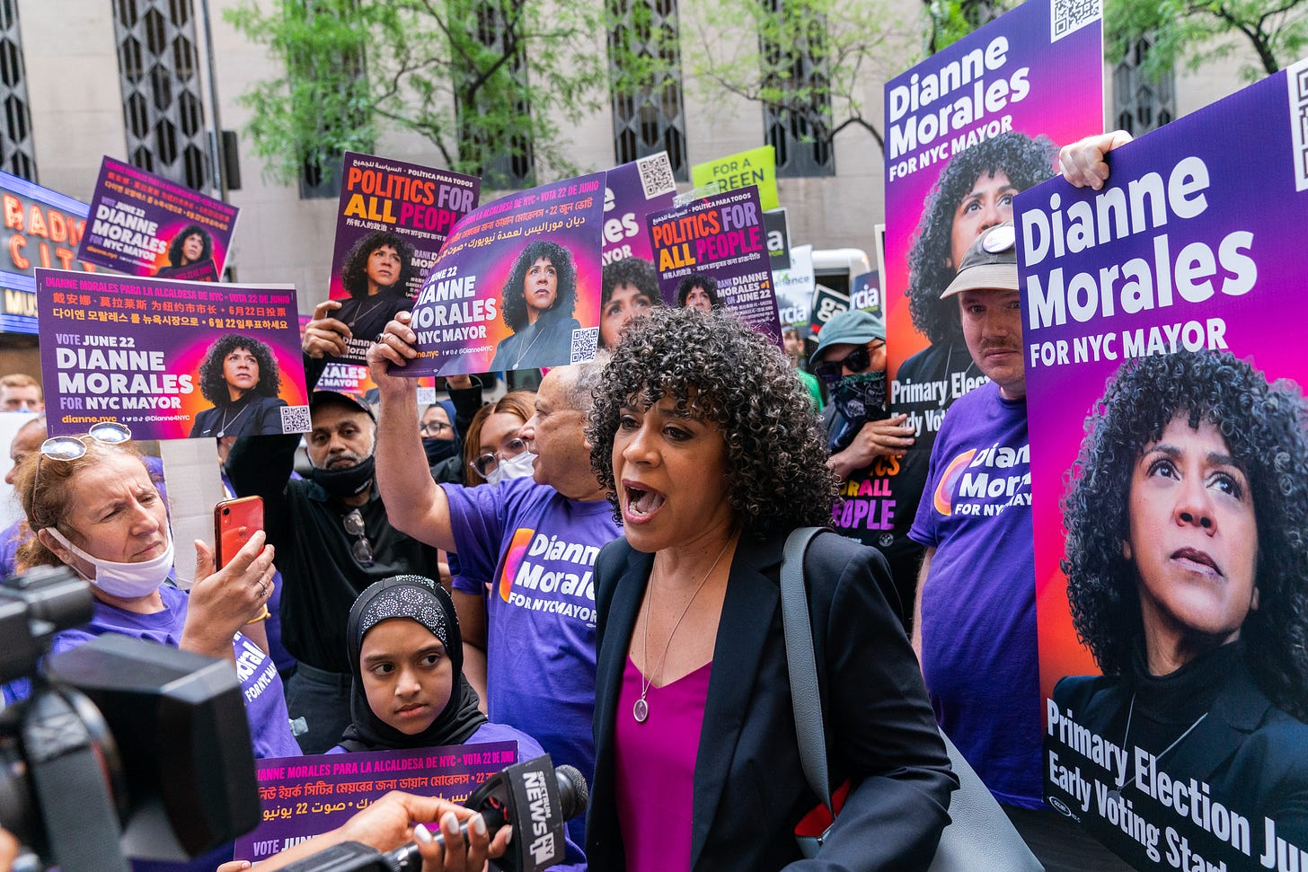 NEW YORK, NY - JUNE 16: Mayoral candidate Dianne Morales arrives outside Rockefeller Center for the third Democratic debate on June 16, 2021 in New York City. The candidates are holding their final debate before the June 22 primary. (Photo by Jeenah Moon/Getty Images) NEW YORK, NY - JUNE 16: Mayoral candidate Dianne Morales arrives outside Rockefeller Center for the third Democratic debate on June 16, 2021 in New York City. The candidates are holding their final debate before the June 22 primary. (Photo by Jeenah Moon/Getty Images)