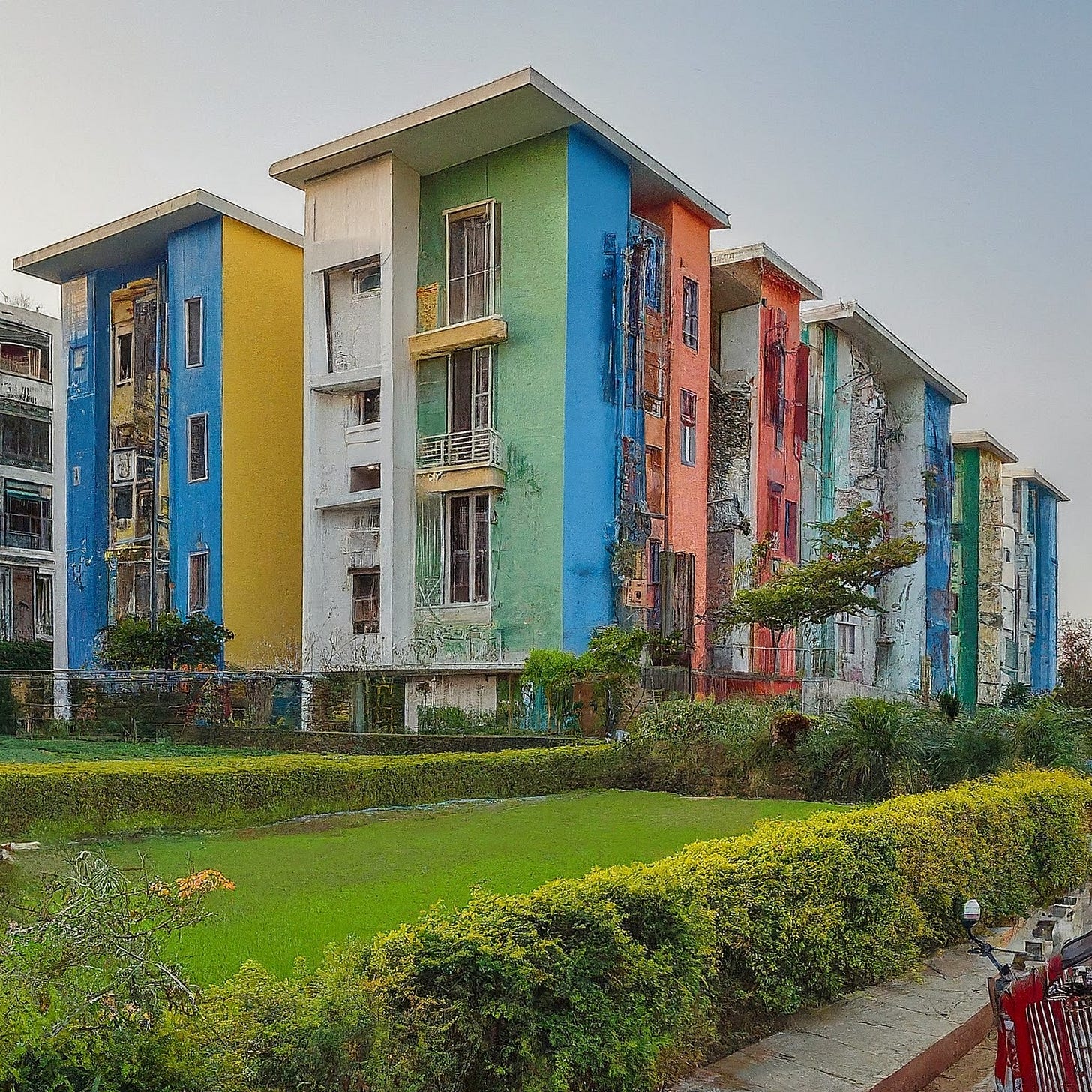 New, colorful apartment buildings in Gorakhpur, representing affordable housing options and a lucrative real estate investment opportunity.