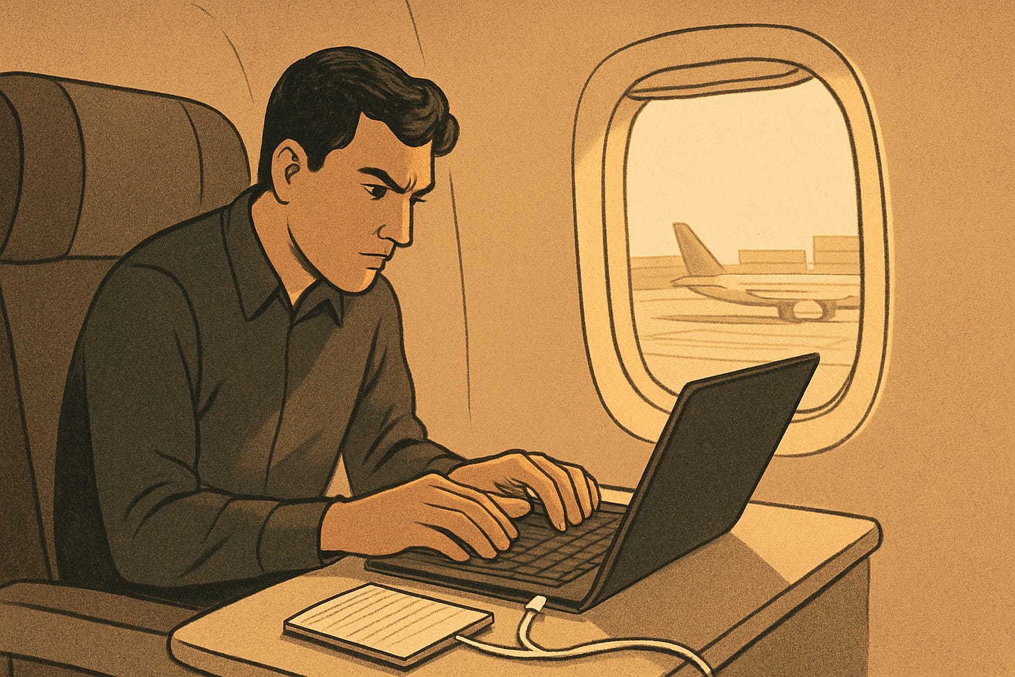 A passenger hurriedly preparing offline work as the plane taxis.