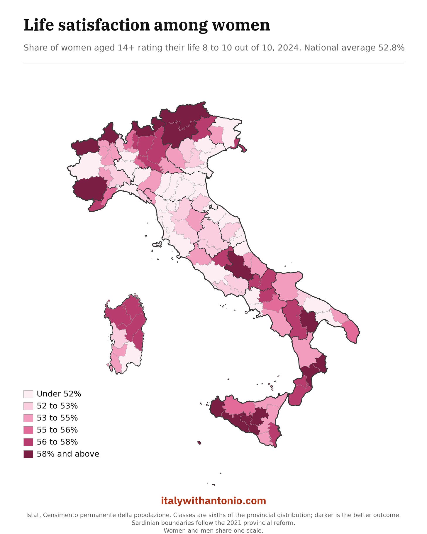 Italy’s life satisfaction map among women