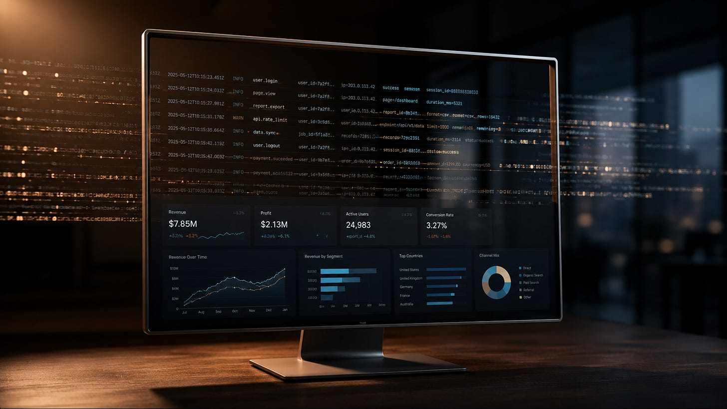 A single matte-aluminum and glass monitor  on a dark walnut desk surface. The monitor is the focal point and fills most  of the frame. Its screen is dematerializing from top to bottom: the lower  third still renders a precise, clearly legible business intelligence  dashboard — restrained bar charts, line graphs, and KPI tiles in subdued  cool blues and warm ambers. The upper two-thirds of the screen is fully  transparent — only the thin aluminum frame remains — and through that empty  frame, structured data streams flow horizontally: rows of timestamped event  records and metadata rendered as soft luminous text, drifting laterally past  the monitor edges and dissipating into shadow.