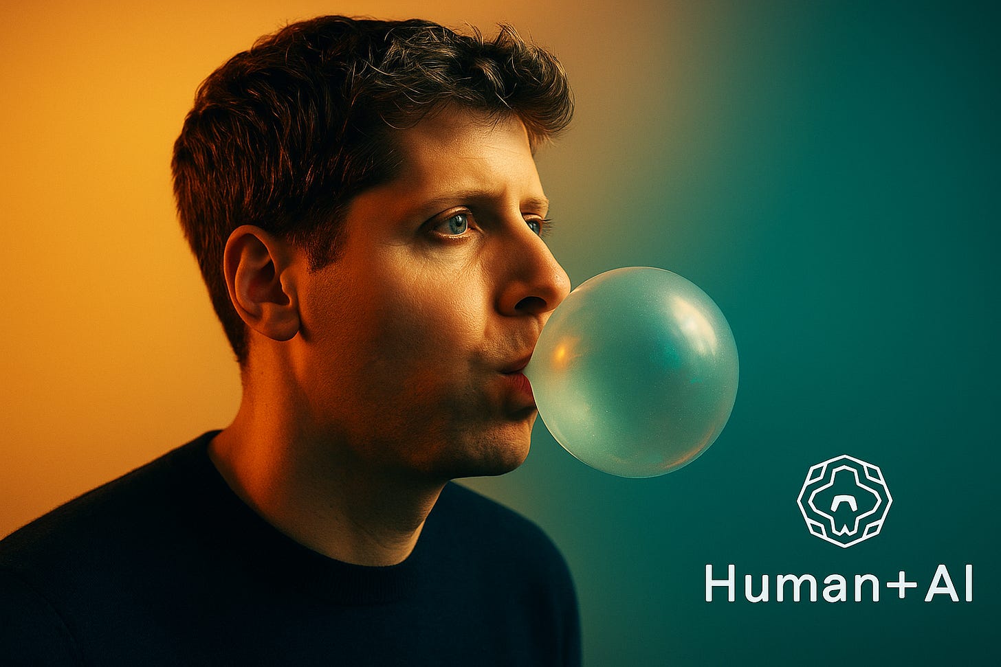 Sam Altman, CEO of OpenAI, is shown in a cinematic portrait blowing a translucent bubble that reflects soft digital light patterns. The background glows with a vivid amber-to-teal gradient.