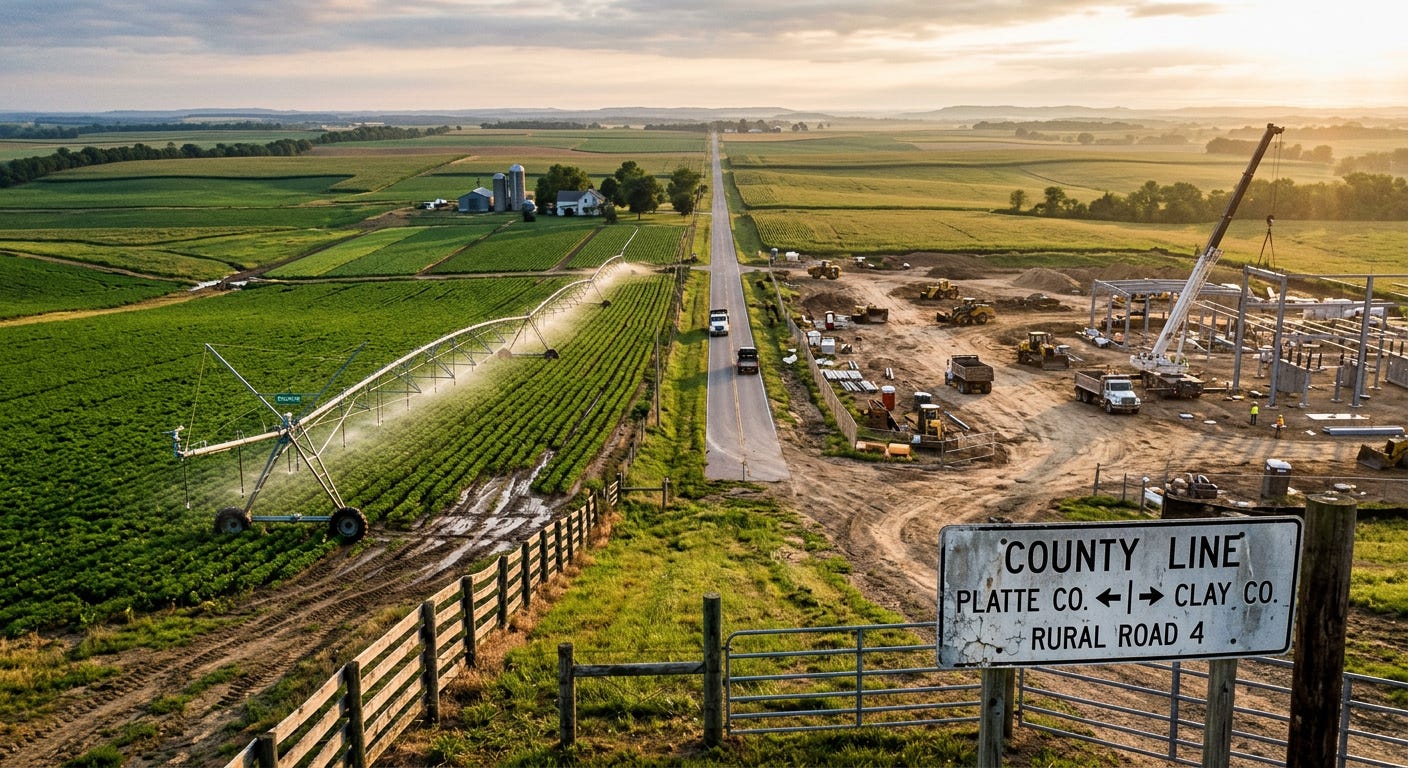 An aerial view of a rural road separating an irrigated agricultural farm from an industrial construction site at a county line sign.