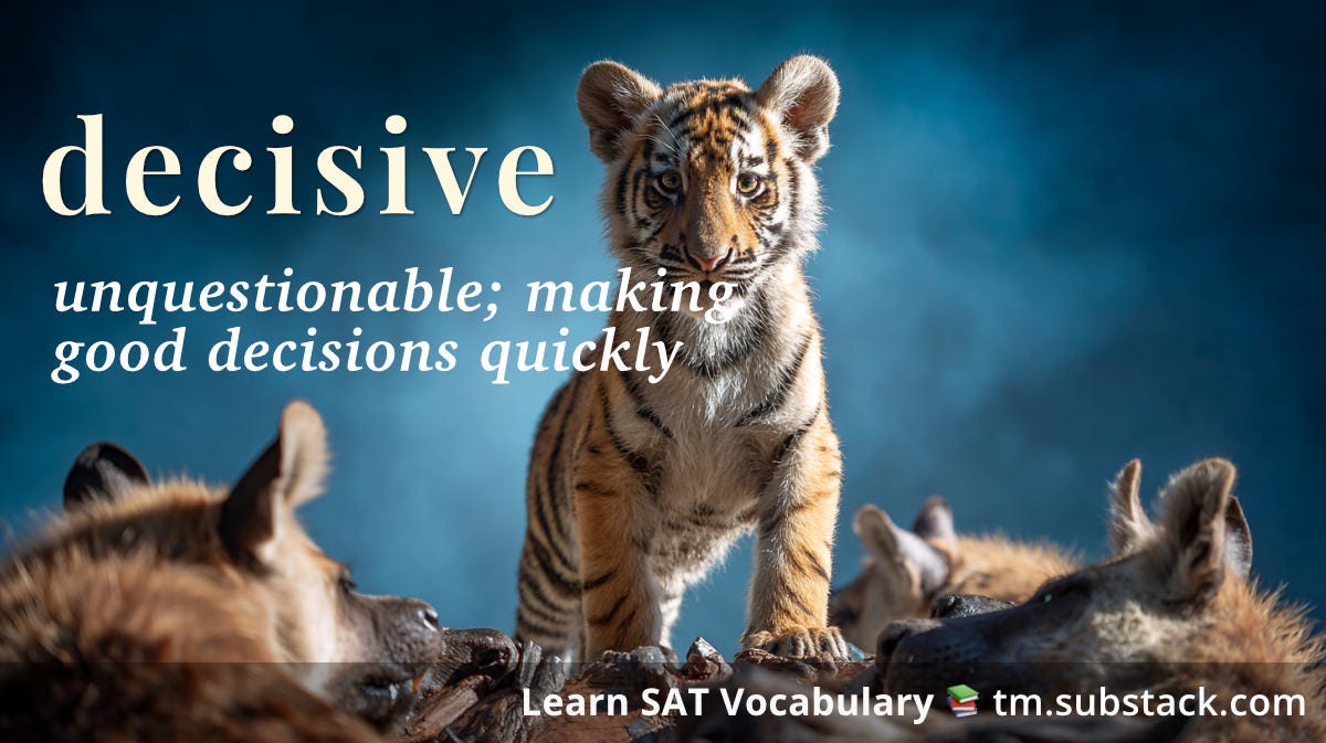 Illustration of a tiger cub standing victoriously over defeated enemies (hyenas in this case); used to illustrate the SAT word 'decisive'.