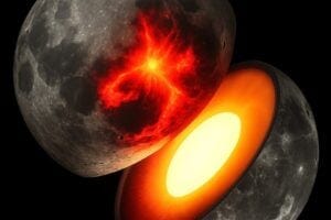This artist’s concept shows the Moon’s hot interior and volcanism about 2 to 3 billion years ago. It is thought that volcanic activity on the lunar near side (the side facing Earth) helped create a landscape dominated by vast plains called mare, which are formed by molten rock that cooled and solidified.