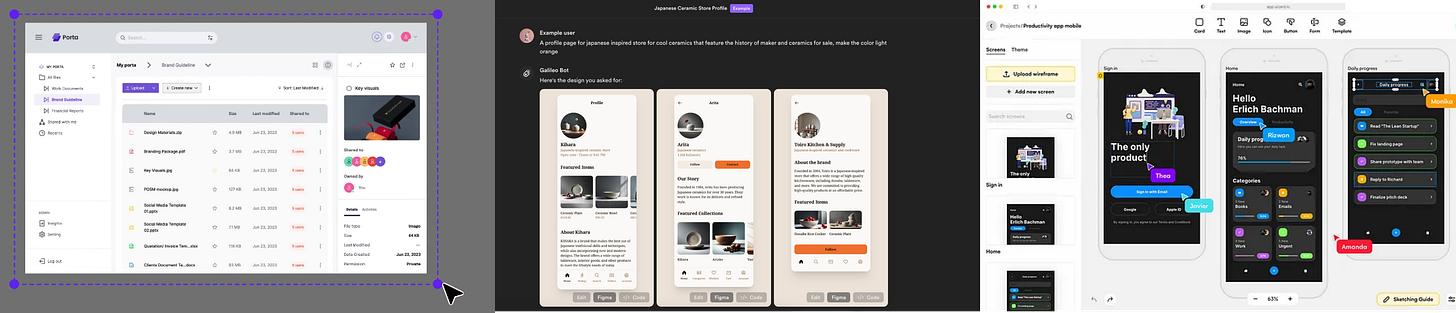 Visily, Galileo and Uizard screenshots of their UI AI designed powered tools