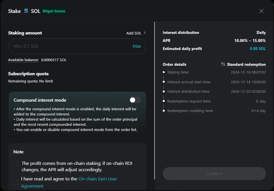 Bitget staking amount input page with APR details