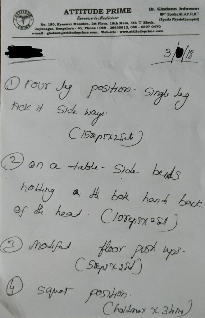 An exercise prescription mid-way through my rehab period.