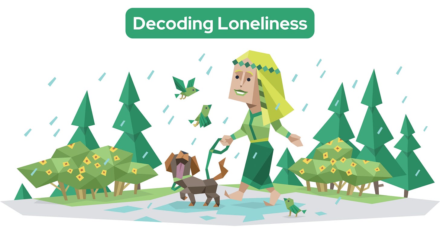 A Diplomat woman smiles while walking a dog through the rain as birds fly around her in a forest. Text reads: Decoding Loneliness.