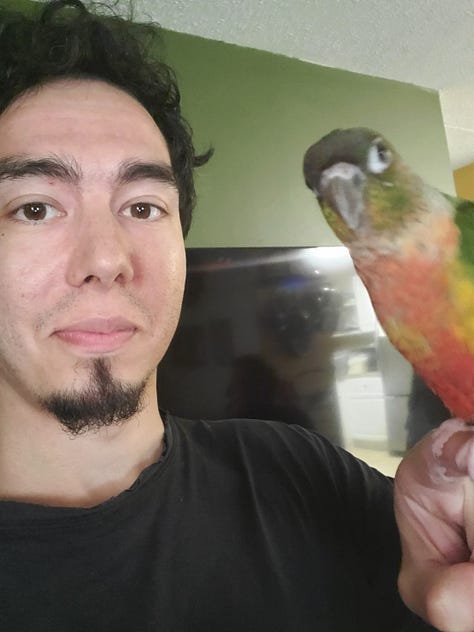 Gustave Deresse (Lee G. Dupont) alongside a dog, a cat, and a bird.