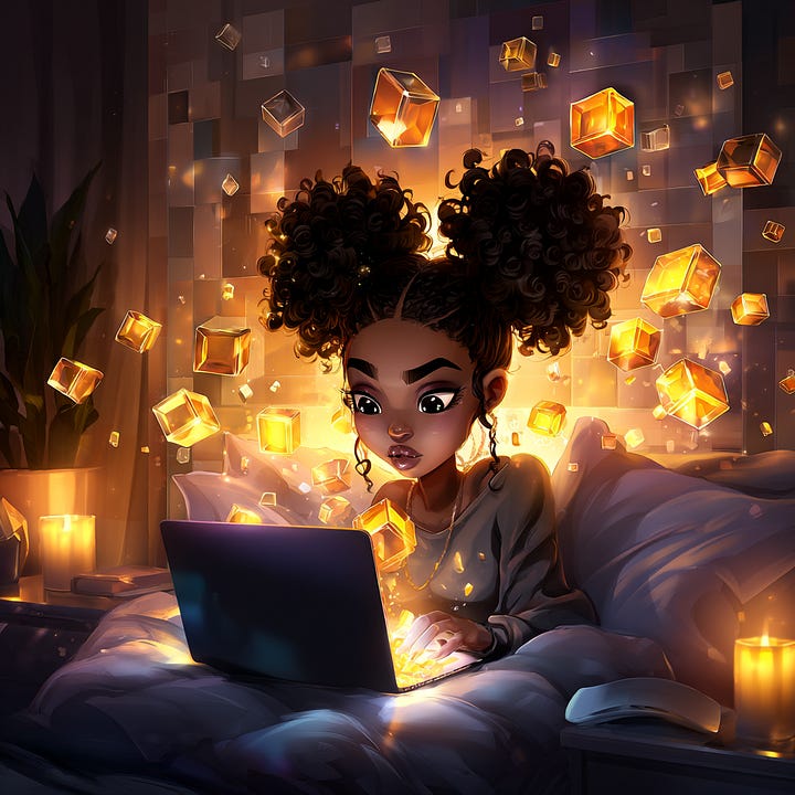 A beautiful black woman resting in bed working on her legacy while representations of divine downloads (ideas) swirl around her. By Affirmed Visionary