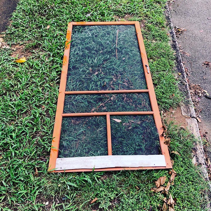 a picture of broom handles in a bush and a picture of a screen door on the ground